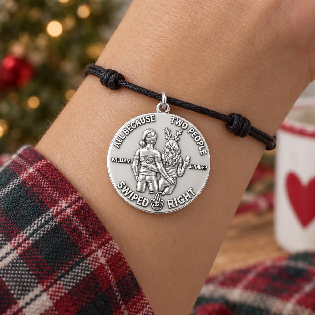Swiped Right Couple Charm Bracelet – Personalized Couple Gift – worn on the wrist on a black cord bracelet
