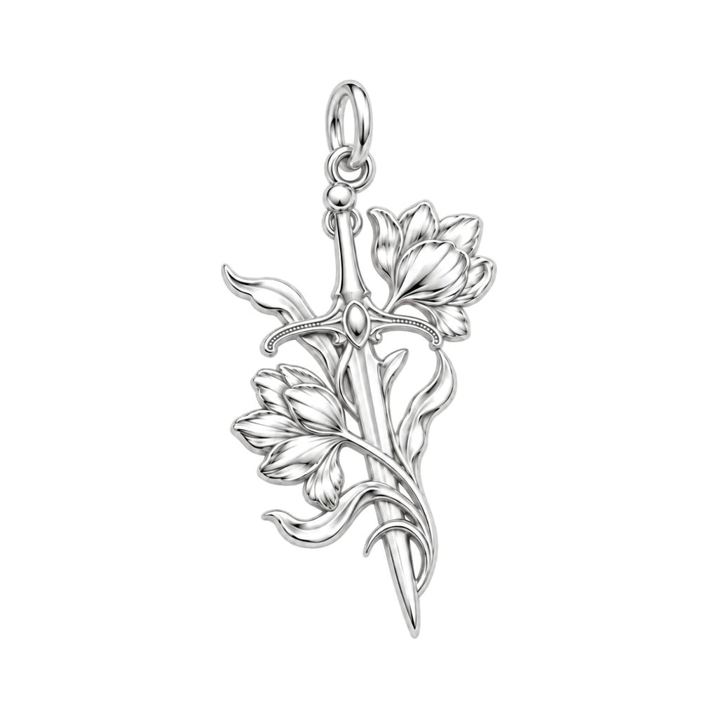 Sword and Wildflower Charm Bracelet – Personalized Gift – silver charm, front view