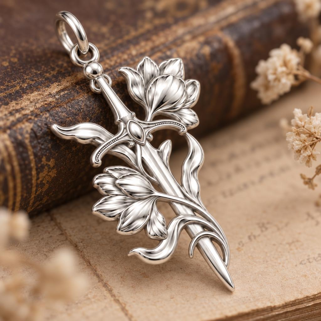 Sword and Wildflower Charm Bracelet – Personalized Gift – macro detail of the charm