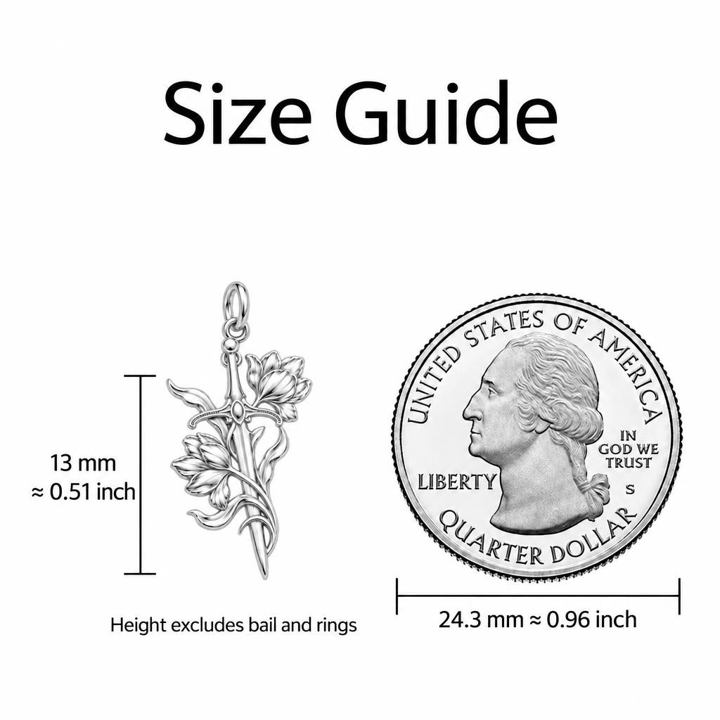 Sword and Wildflower Charm Bracelet – Personalized Gift – size guide, 13 mm charm next to a quarter