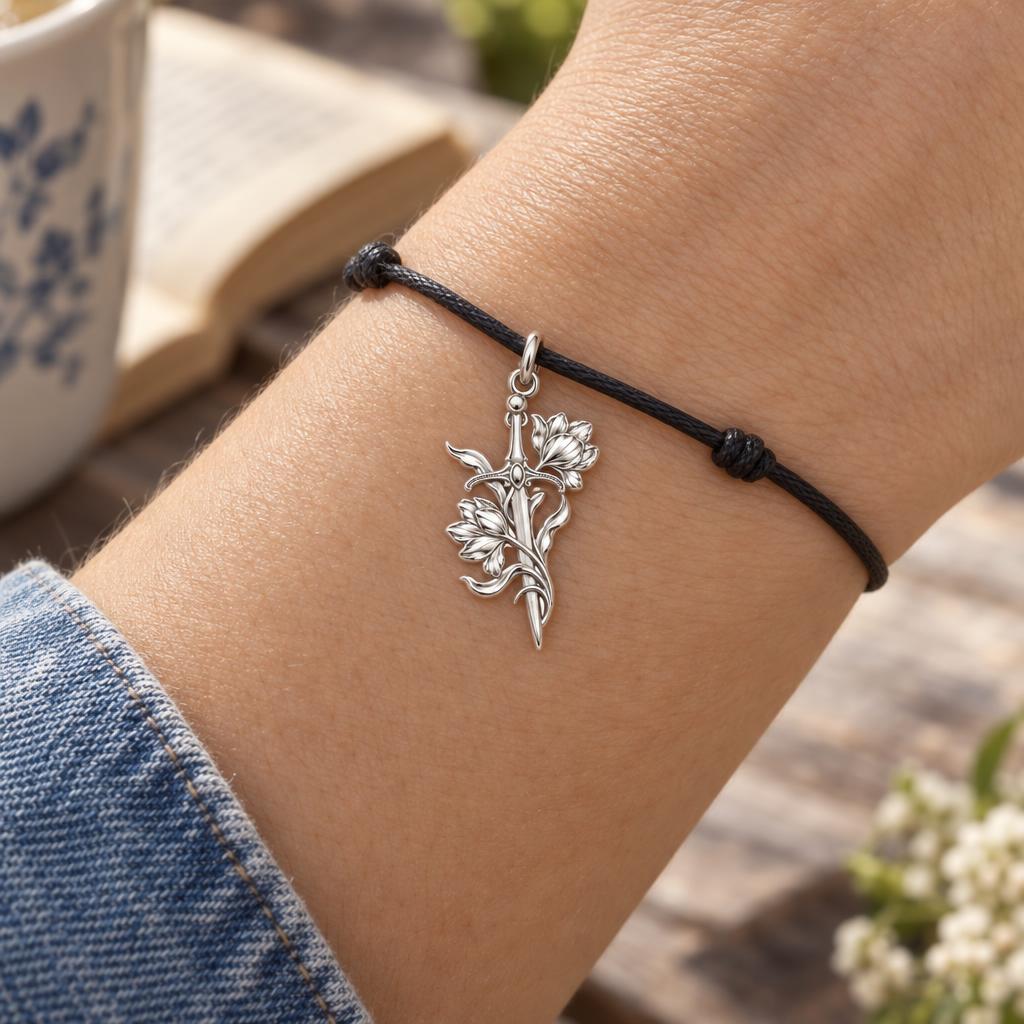 Sword and Wildflower Charm Bracelet – Personalized Gift – worn on the wrist on a black cord bracelet