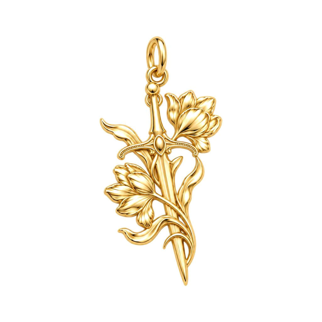 Sword and Wildflower Charm Bracelet – Personalized Gift – 18K gold charm, front view