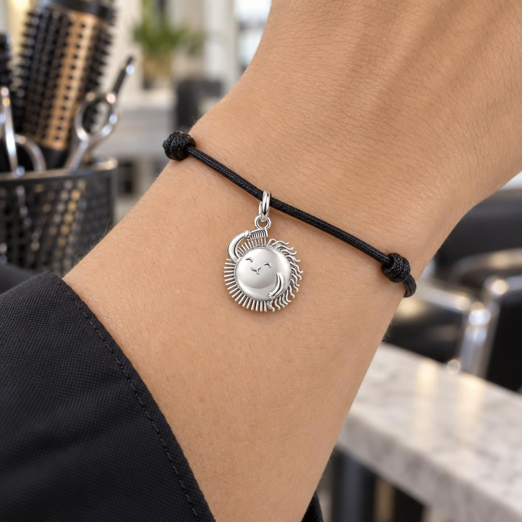 Taming the Rays Charm Bracelet – Personalized Hairstylist Gift – worn on the wrist on a black cord bracelet