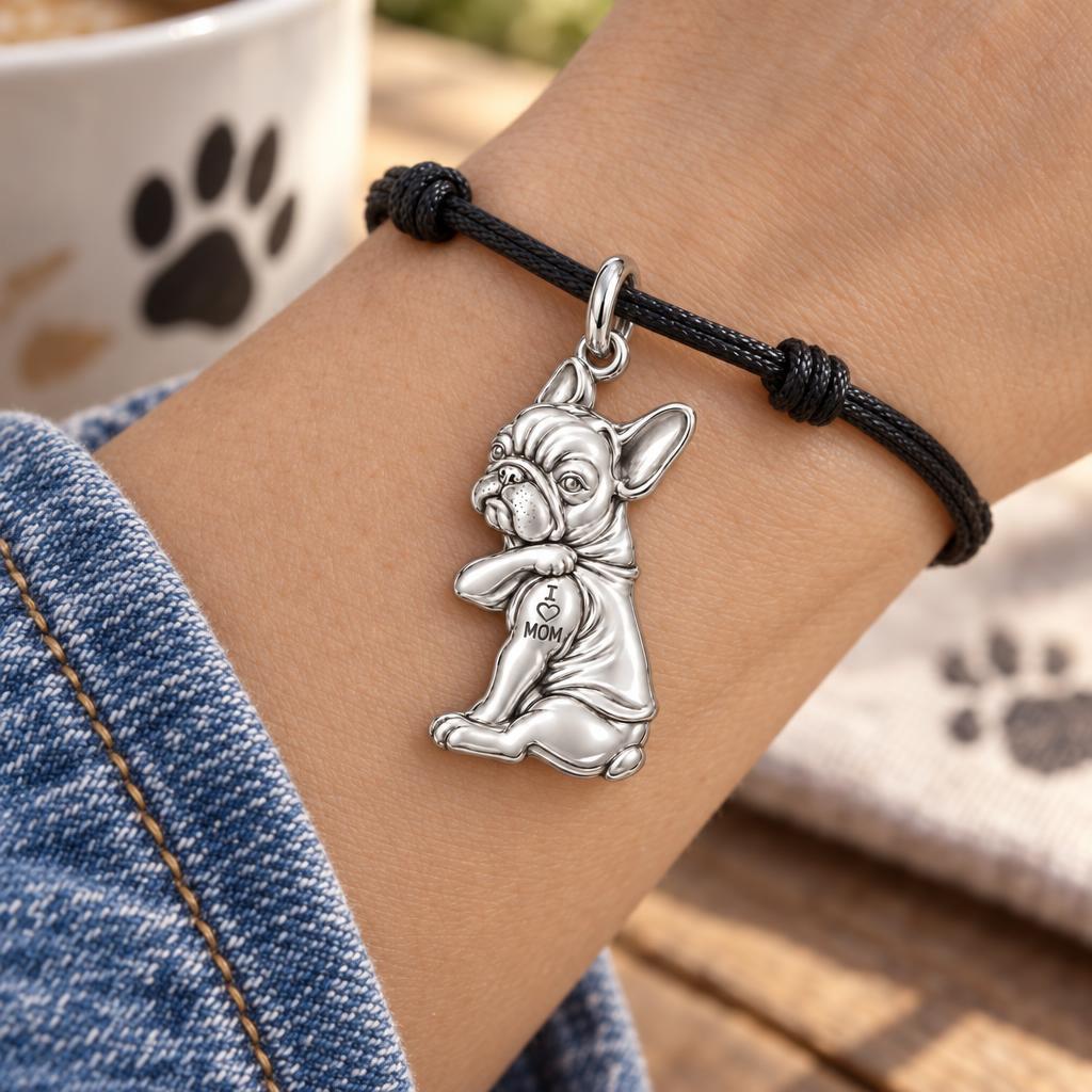 Tattooed Pup Devotion Charm Bracelet – Personalized Mom Gift – worn on the wrist on a black cord bracelet