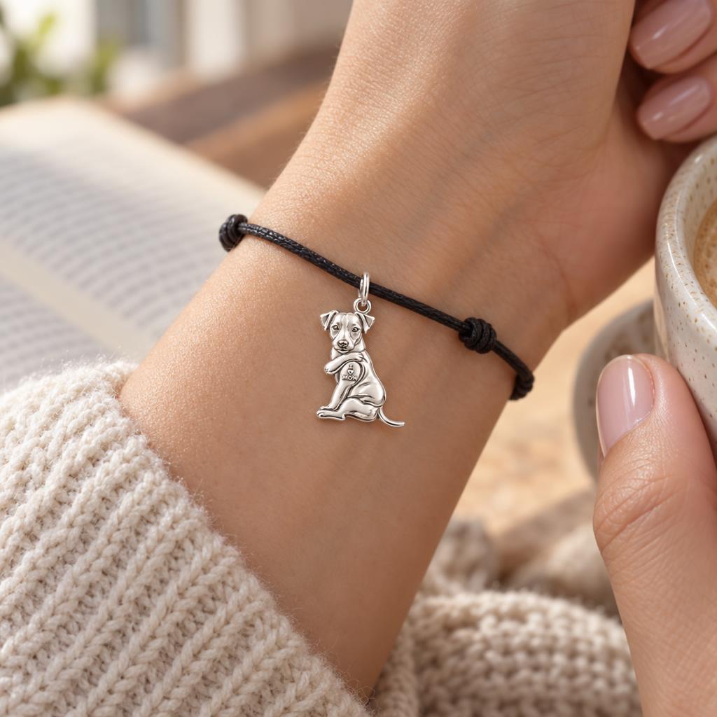 Tattooed Pup I Heart Mom Charm and Polyester Cord Bracelet Set