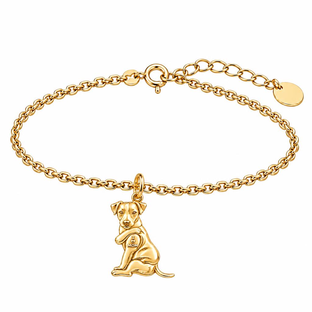 Tattooed Pup I Love Mom Charm Bracelet Set – 18K gold, front view
