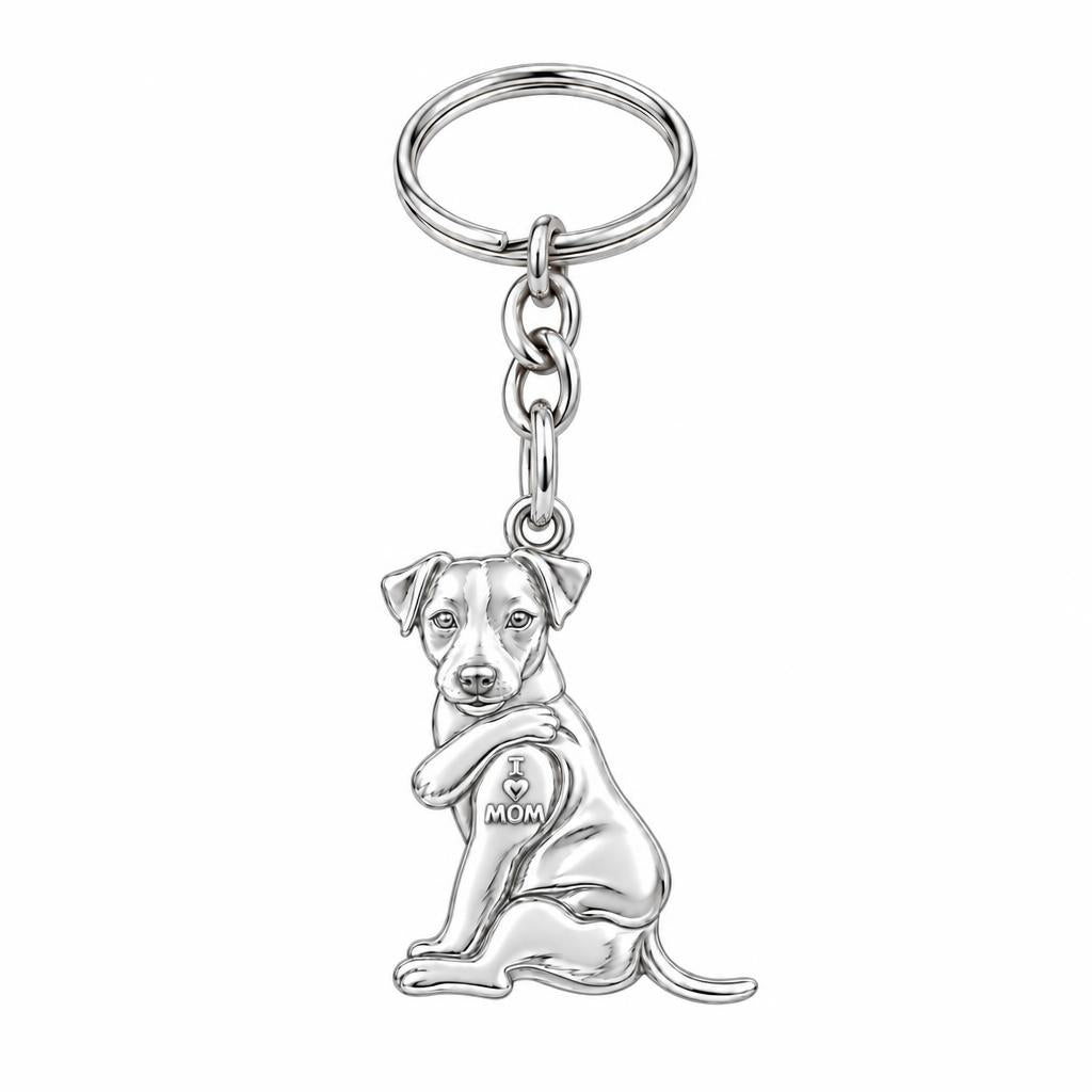 Tattooed Pup I Love Mom Charm Keychain – silver, front view
