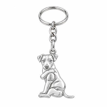 Tattooed Pup I Love Mom Charm Keychain – silver, front view