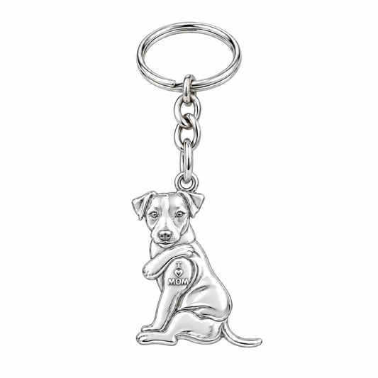 Tattooed Pup I Love Mom Charm Keychain – silver, front view