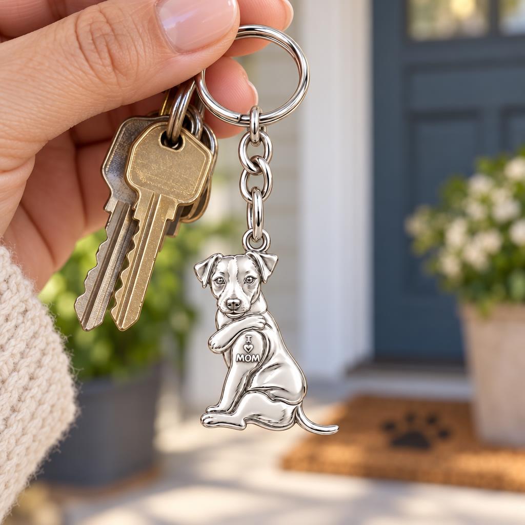 Tattooed Pup I Love Mom Charm Keychain – worn / in use