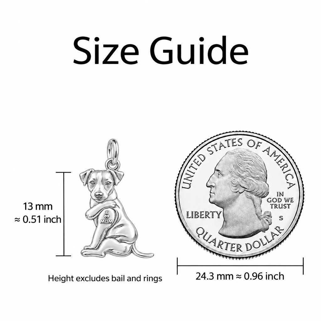 Tattooed Pup I Love Mom Charm Keychain – size guide, 13 mm charm next to a quarter