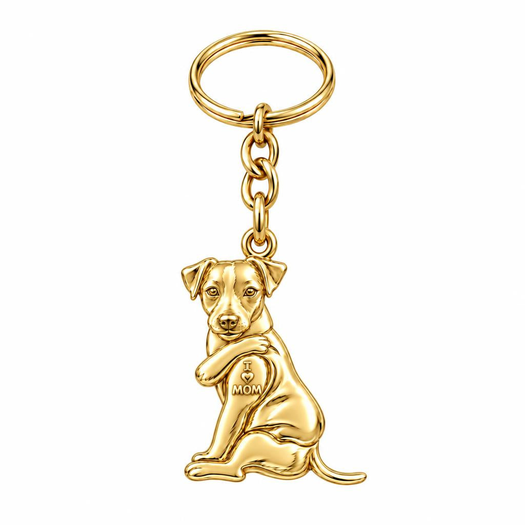 Tattooed Pup I Love Mom Charm Keychain – 18K gold, front view