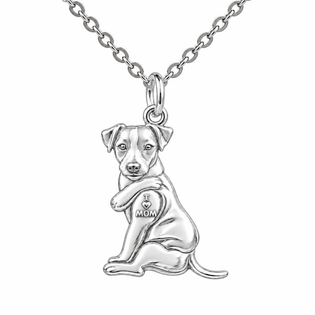 Tattooed Pup I Love Mom Charm Necklace Set – silver, front view