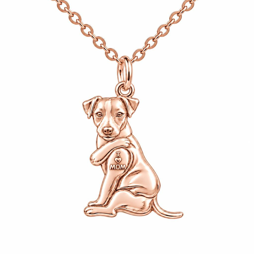 Tattooed Pup I Love Mom Charm Necklace Set – rose gold, front view