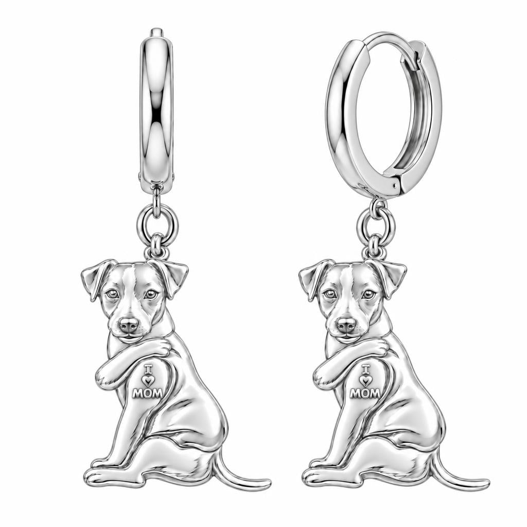Tattooed Pup I Love Mom Huggie Charm Earrings – silver, front view