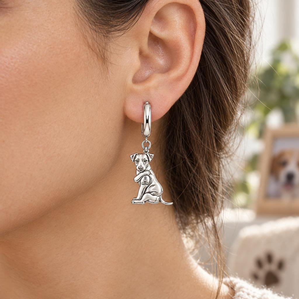 Tattooed Pup I Love Mom Huggie Charm Earrings – worn / in use