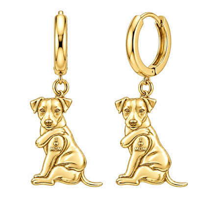 Tattooed Pup I Love Mom Huggie Charm Earrings – 18K gold, front view