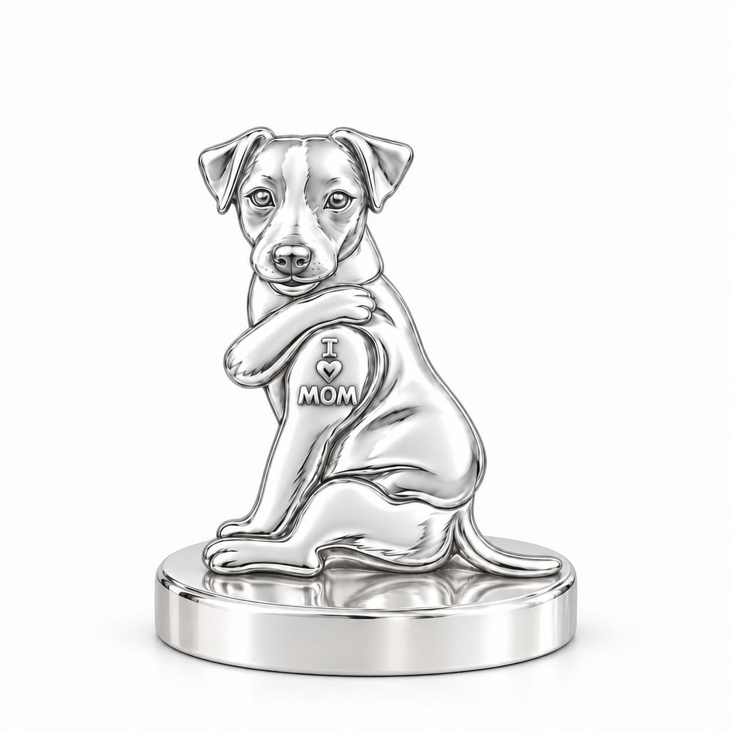 Tattooed Pup I Love Mom Keepsake Plaque – silver, front view