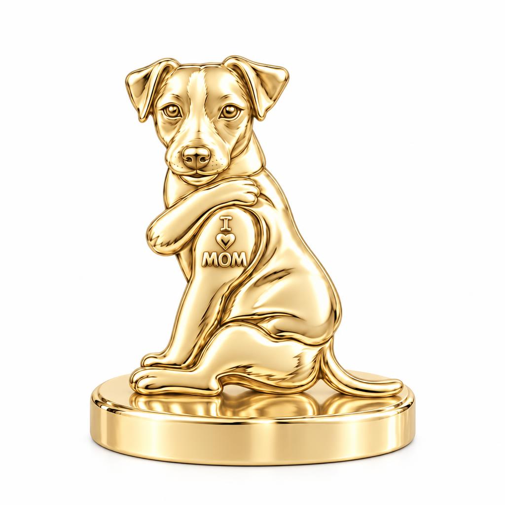 Tattooed Pup I Love Mom Keepsake Plaque – 18K gold, front view
