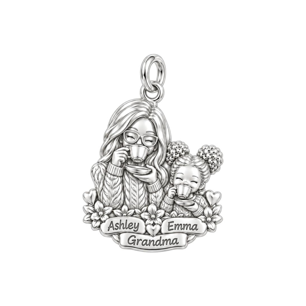 Tea Time with Grandma Charm Bracelet – Personalized Nana Gift – silver plated 3 cm charm, front view