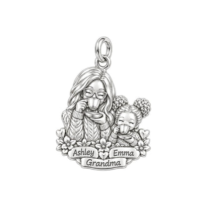Tea Time with Grandma Charm Bracelet – Personalized Nana Gift – silver plated 3 cm charm, front view