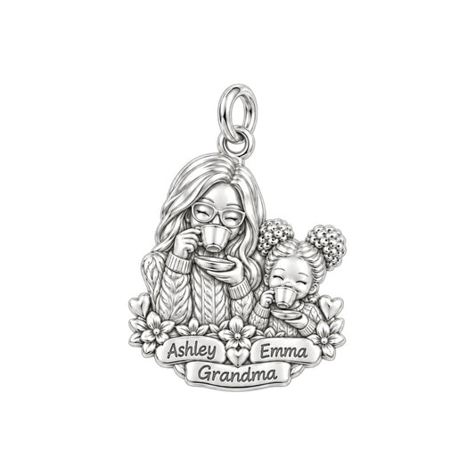 Tea Time with Grandma Charm Bracelet – Personalized Nana Gift – silver plated 3 cm charm, front view