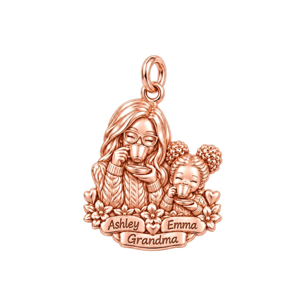 Tea Time with Grandma Charm Bracelet – Personalized Nana Gift – rose gold 3 cm charm, front view