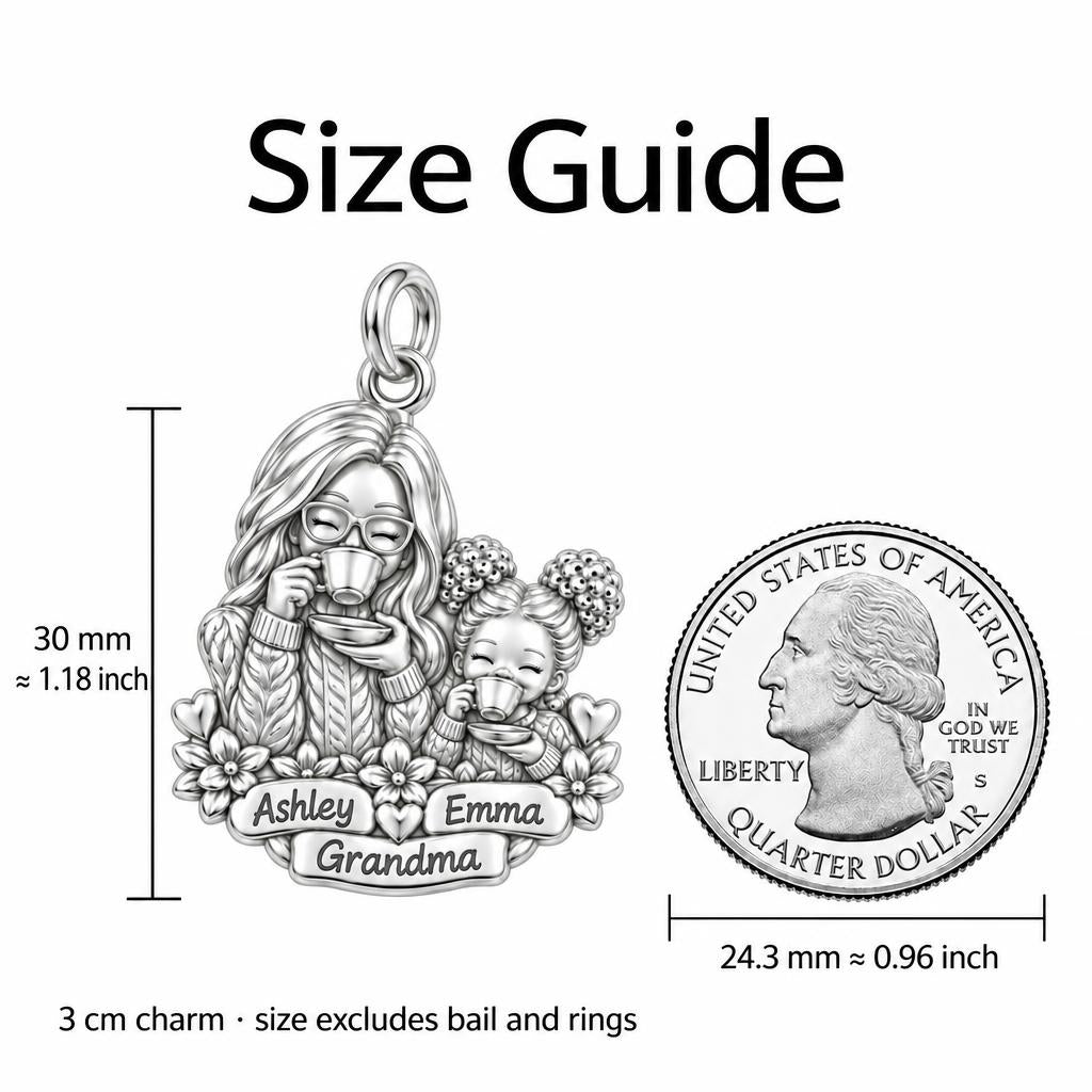 Tea Time with Grandma Charm Bracelet – Personalized Nana Gift – size guide, 3 cm charm next to a quarter