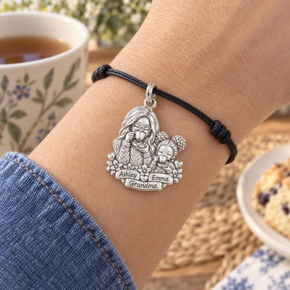 Tea Time with Grandma Charm Bracelet – Personalized Nana Gift – worn on the wrist on a black cord bracelet