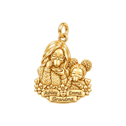 Tea Time with Grandma Charm Bracelet – Personalized Nana Gift – 18K gold plated 3 cm charm, front view