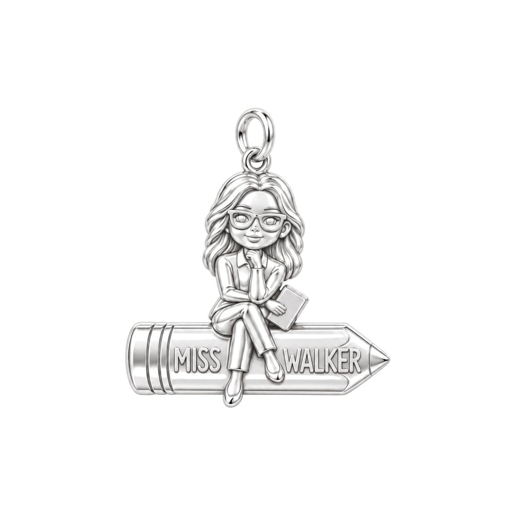 Teacher Sitting on Pencil Charm Bracelet – Personalized Teacher Gift – silver charm, front view