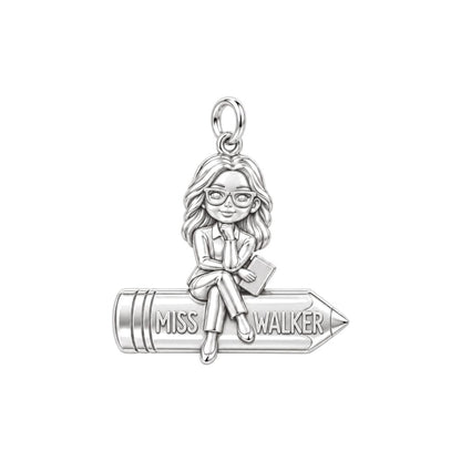 Teacher Sitting on Pencil Charm Bracelet – Personalized Teacher Gift – silver charm, front view