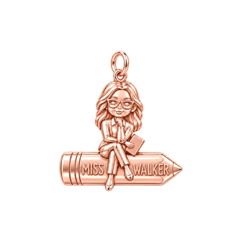 Teacher Sitting on Pencil Charm Bracelet – Personalized Teacher Gift – rose gold charm, front view