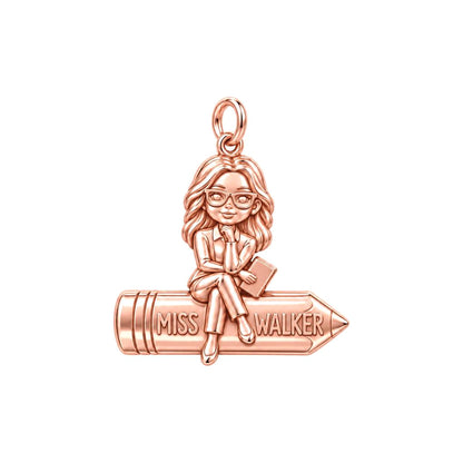 Teacher Sitting on Pencil Charm Bracelet – Personalized Teacher Gift – rose gold charm, front view