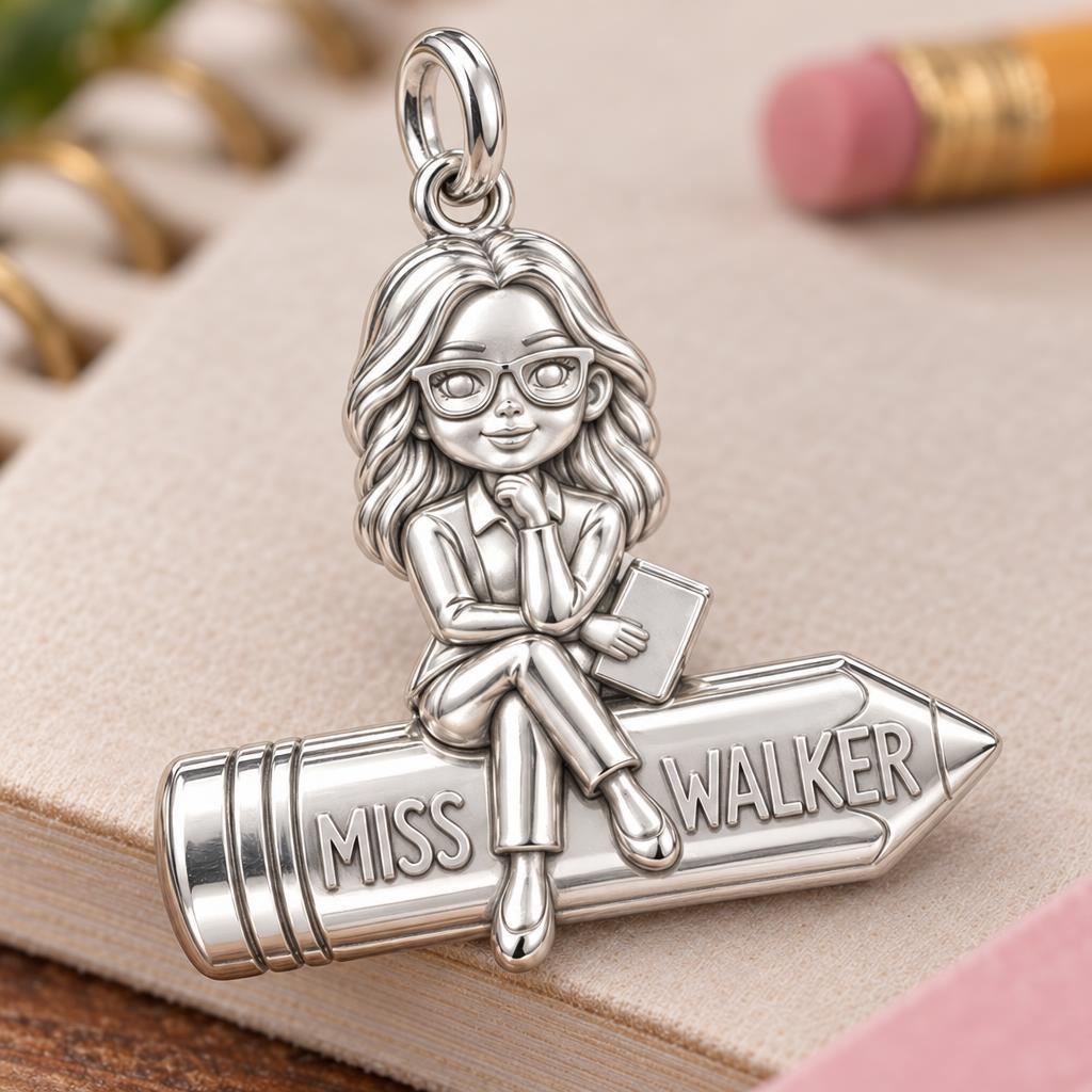 Teacher Sitting on Pencil Charm Bracelet – Personalized Teacher Gift – macro detail of the charm