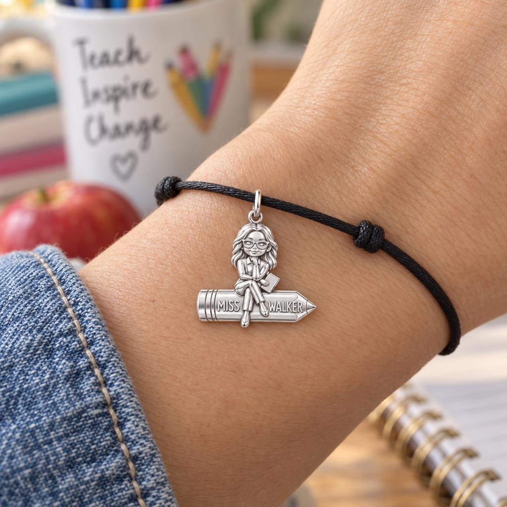 Teacher Sitting on Pencil Charm Bracelet – Personalized Teacher Gift – worn on the wrist on a black cord bracelet