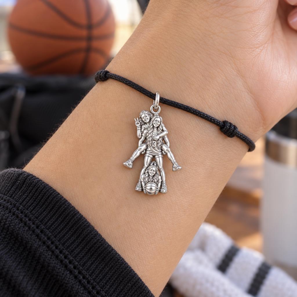 Teammate Sisterhood Charm Bracelet – Personalized Mom Gift – worn on the wrist on a black cord bracelet