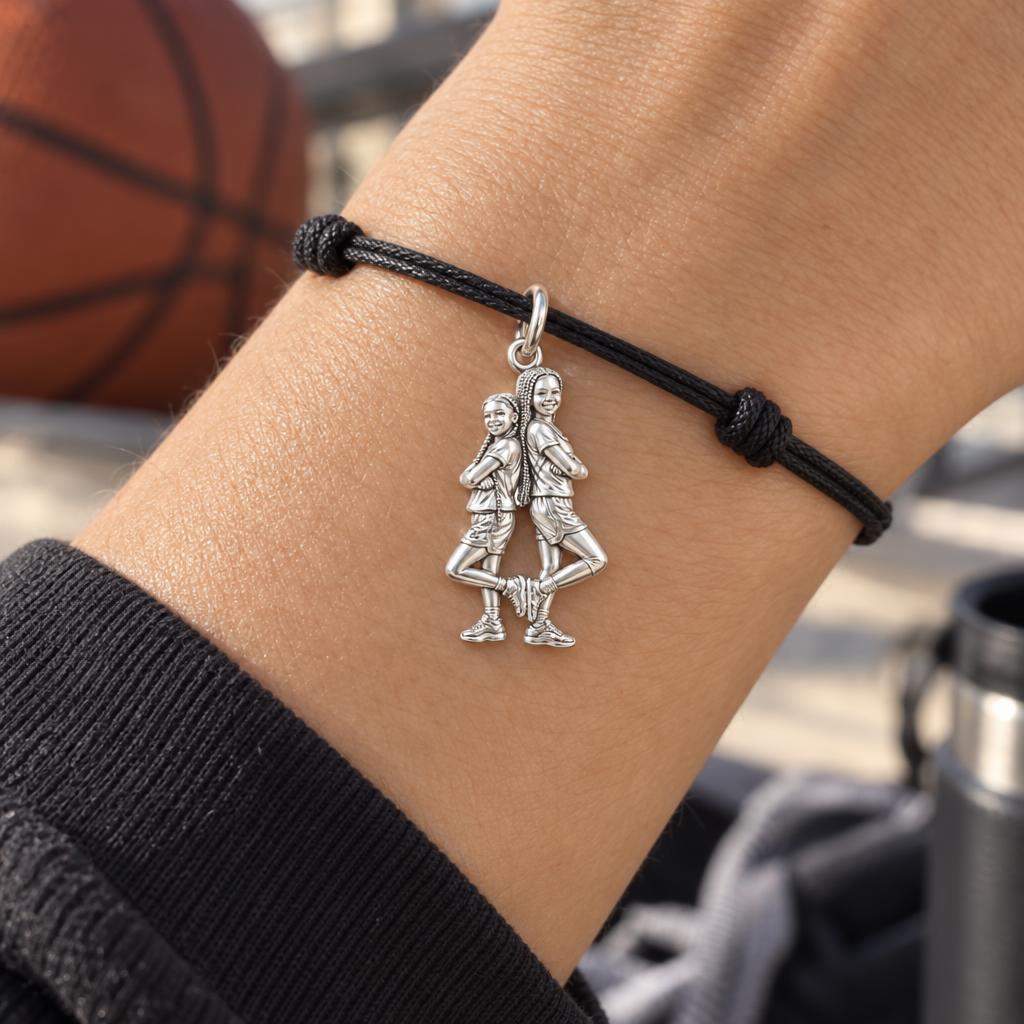 Teammates and Best Friends Charm Bracelet – Personalized Mom Gift – worn on the wrist on a black cord bracelet