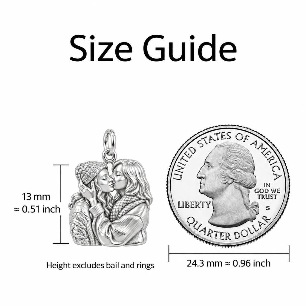 Tender Embrace Charm Bracelet – Personalized Couple Gift – size guide, 13 mm charm next to a quarter