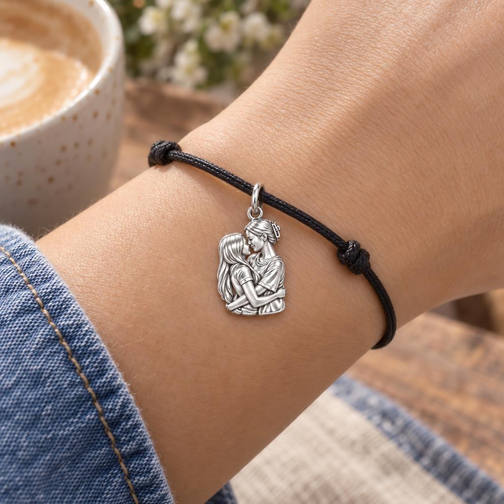 Tender Embrace Lesbian Couple Charm Bracelet – Personalized Lover Gift – worn on the wrist on a black cord bracelet