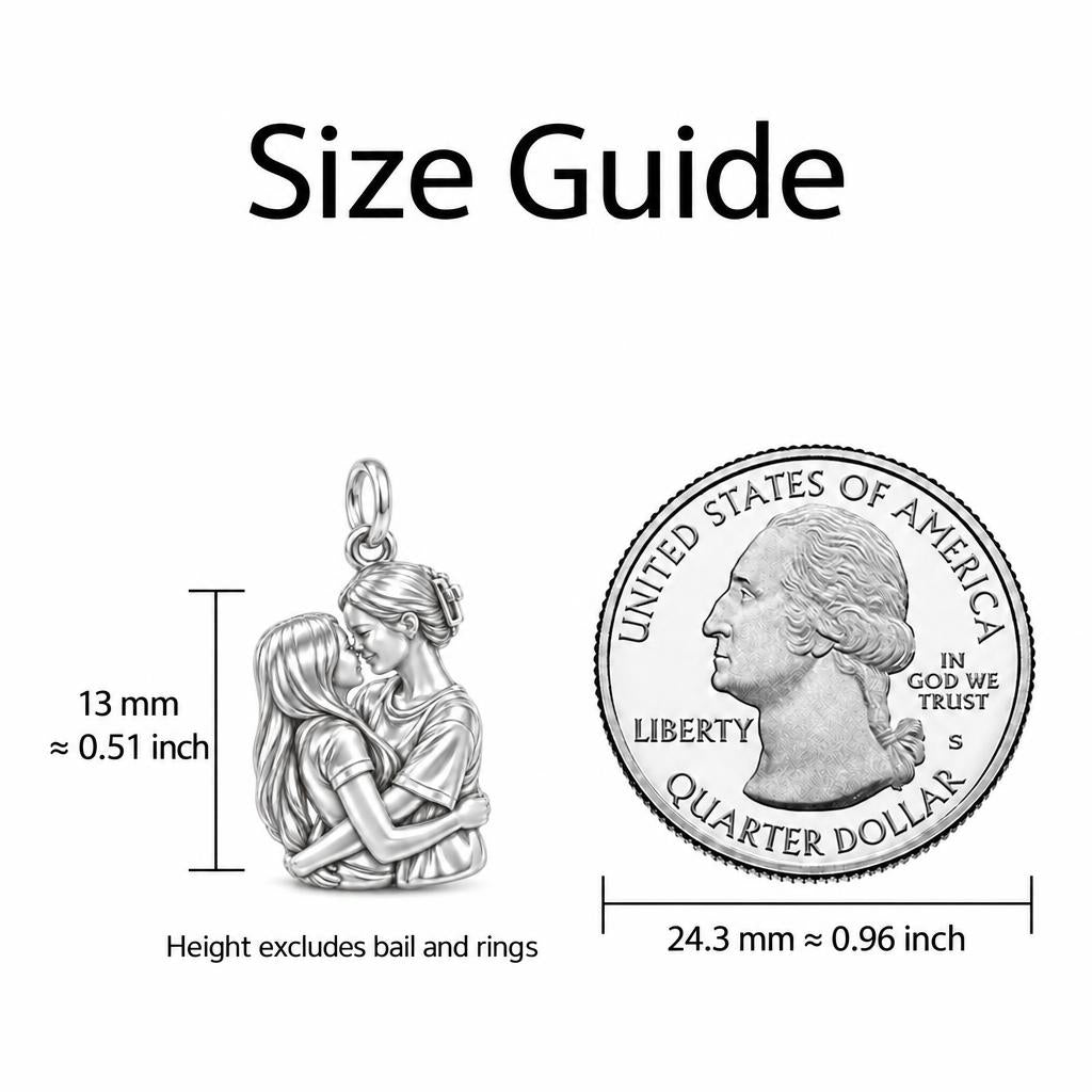 Tender Embrace Lesbian Couple Charm Bracelet – Personalized Mom Gift – size guide, 13 mm charm next to a quarter