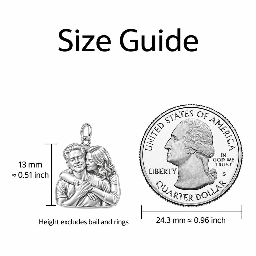 Tender Embrace Photo Charm Bracelet – Personalized Couple Gift – size guide, 13 mm charm next to a quarter