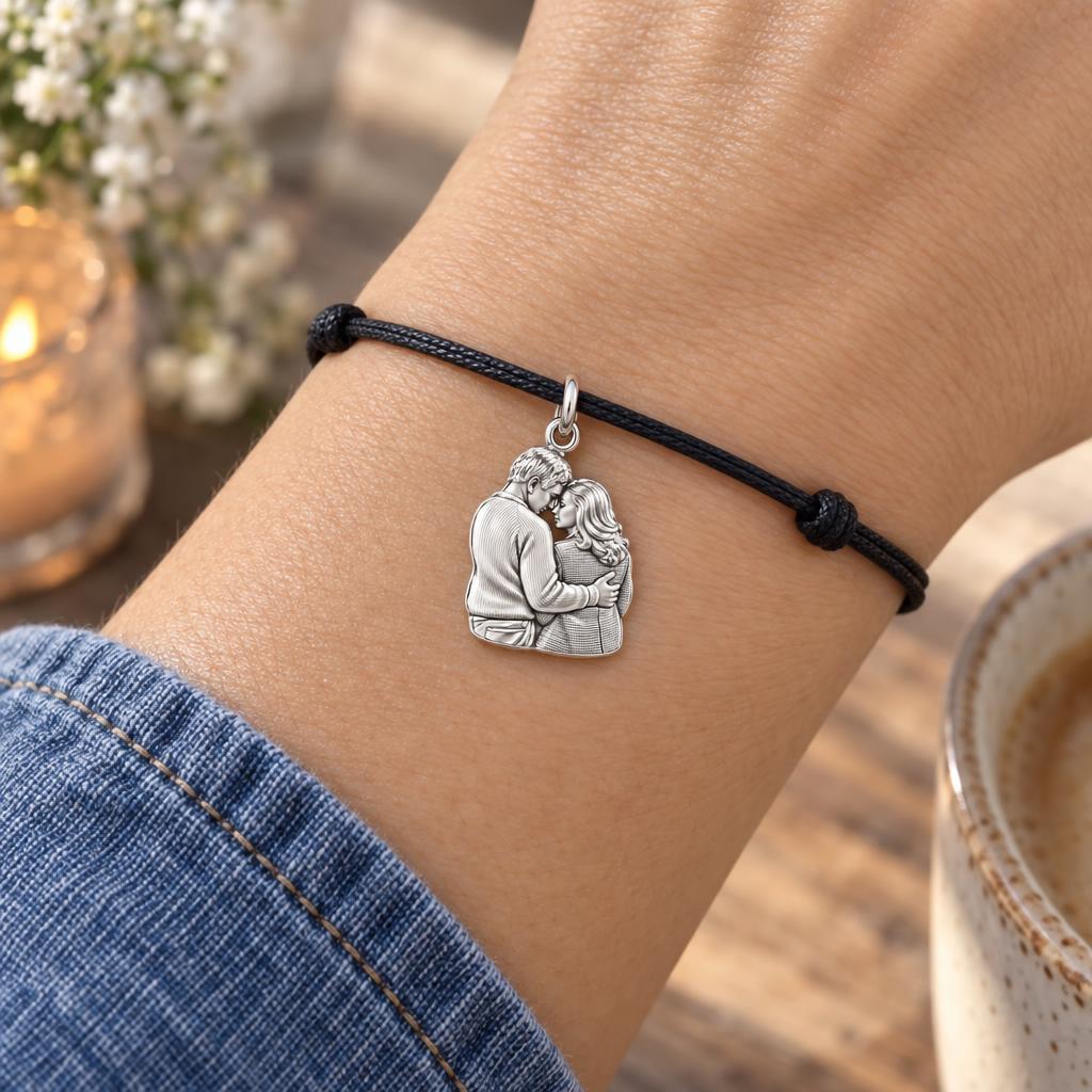Tender Embrace Photo Charm Bracelet – Personalized Couple Gift – worn on the wrist on a black cord bracelet