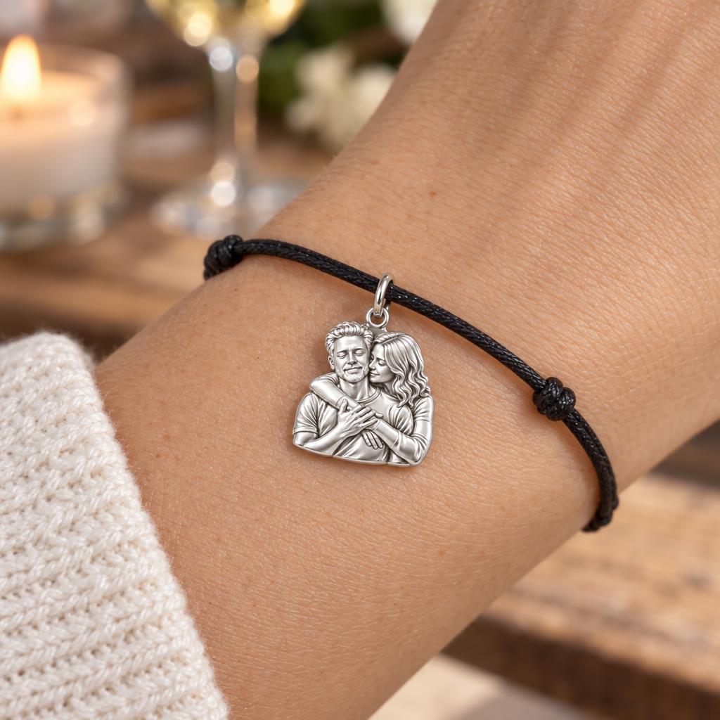 Tender Embrace Photo Charm Bracelet – Personalized Couple Gift – worn on the wrist on a black cord bracelet