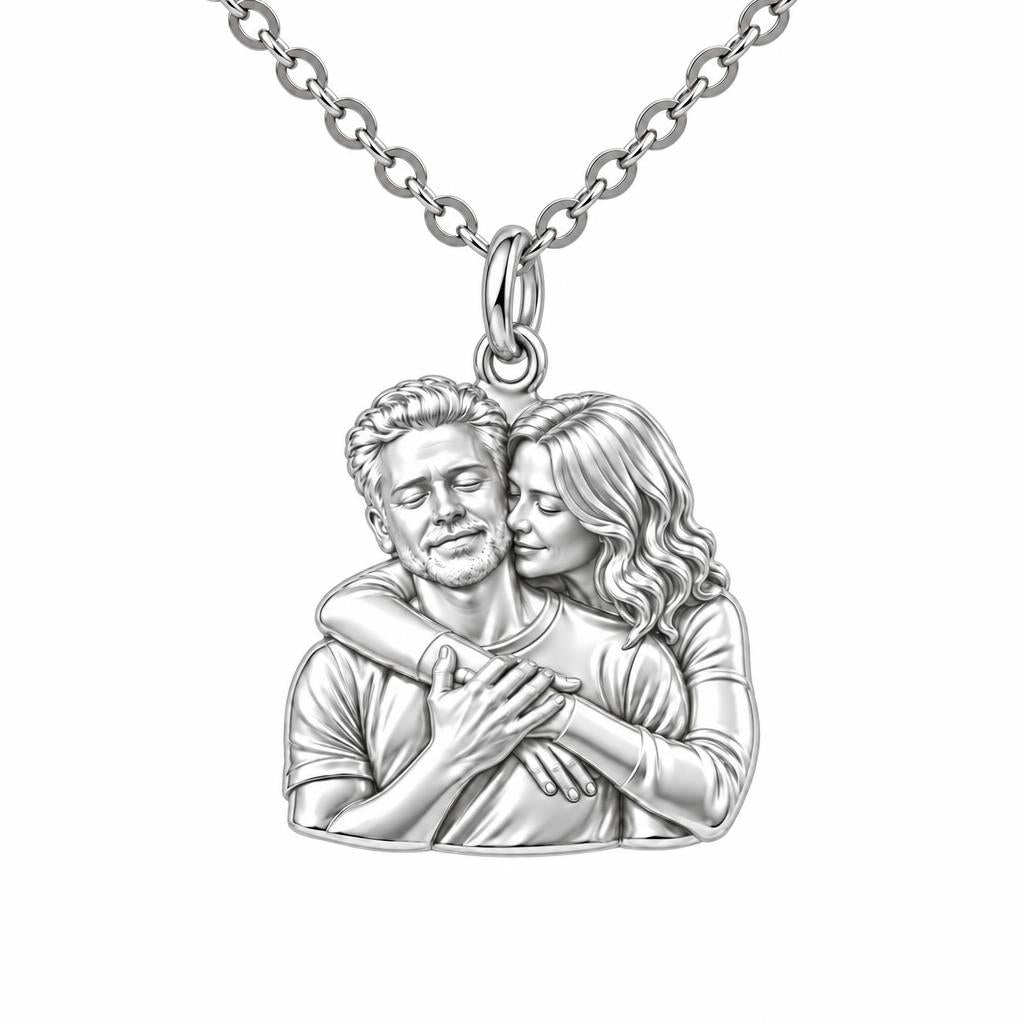 Tender Embrace Photo Charm Necklace Set – silver, front view