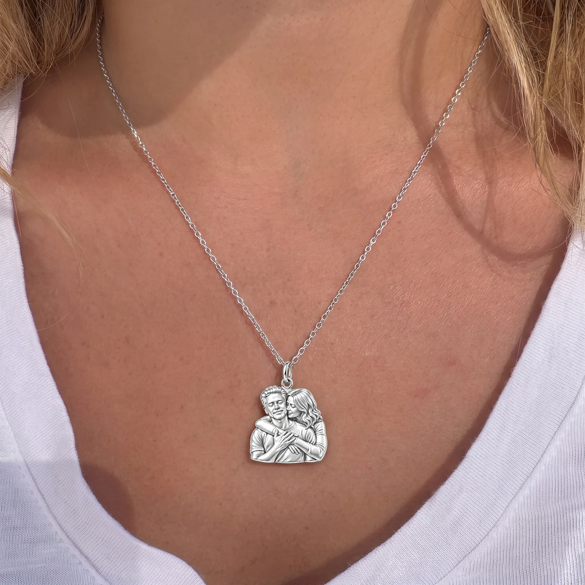 Tender Embrace Photo Charm Necklace Set – worn / in use