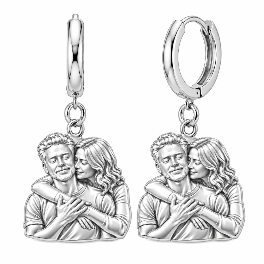 Tender Embrace Photo Huggie Charm Earrings – silver, front view