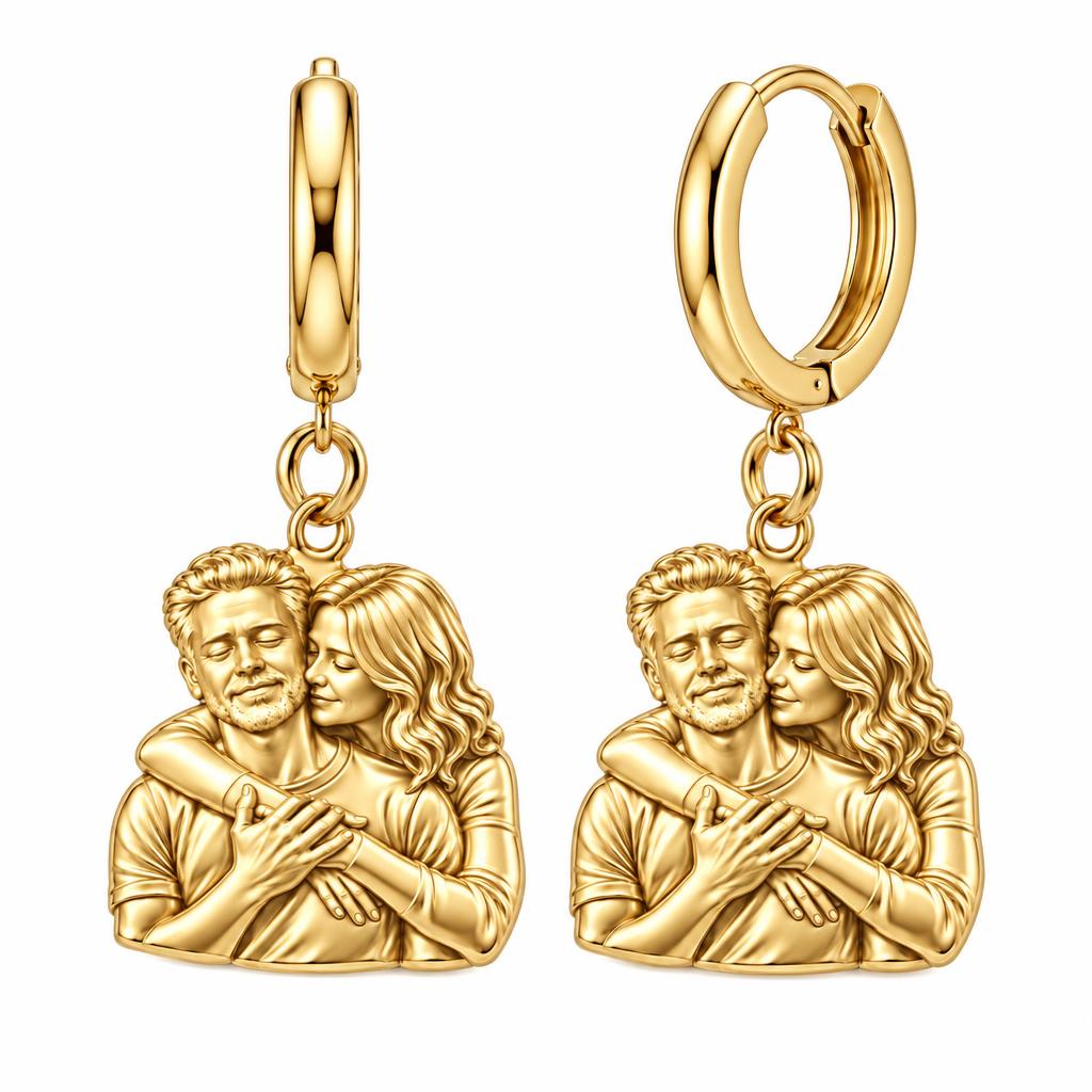 Tender Embrace Photo Huggie Charm Earrings – 18K gold, front view