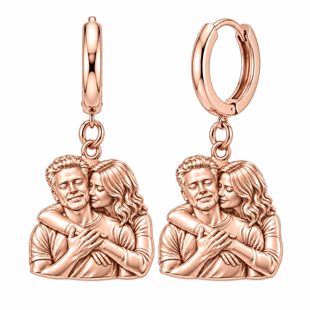 Tender Embrace Photo Huggie Charm Earrings – rose gold, front view