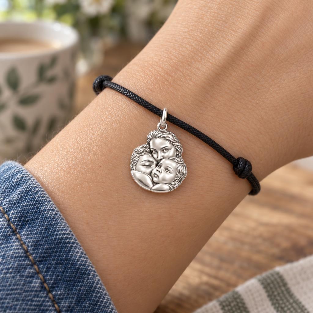 Tender Family Portrait Charm Bracelet – Personalized Mom Gift – worn on the wrist on a black cord bracelet